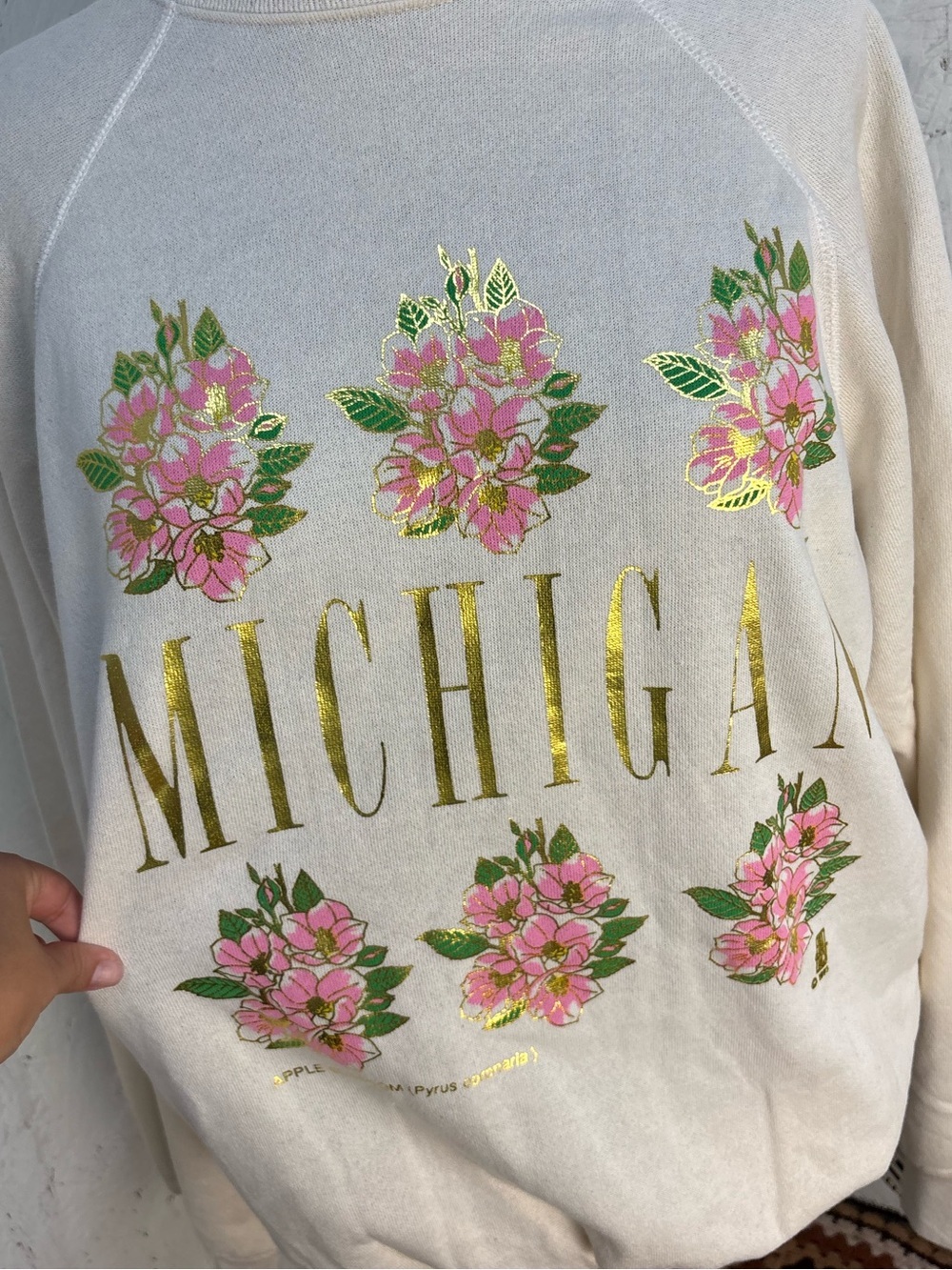 NWT 90s Vintage Tultex Michigan Floral Gold Ivory Sweatshirt Size XL - Picture 2 of 6